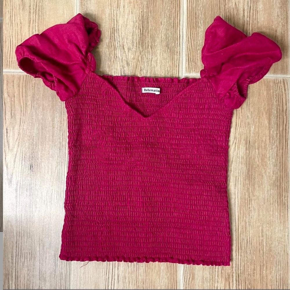 Reformation juliette smocked top in rhubarb